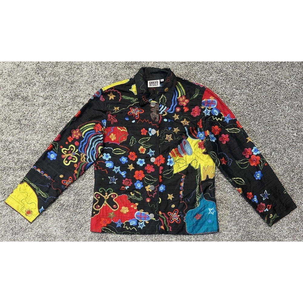 Chico Design Silk Embroidered Black Shirt for Women Sz 0 Floral Butterfly